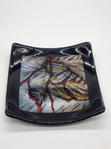 Fused Art Glass Trinket Tray Dish Black with Dichroic Insert & Red Lines 6" - Picture 12 of 13