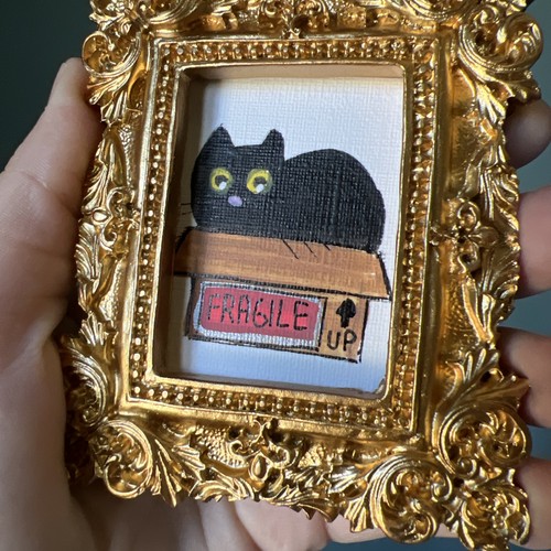Schwarze Katze, Kätzchen, süß, lustiges Original Miniaturgemälde, klein, Mini - Bild 3 von 5