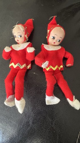 Vintage Mini 4" Red Felt Paper Mache Face Posable Christmas Ornaments Elf Pixie