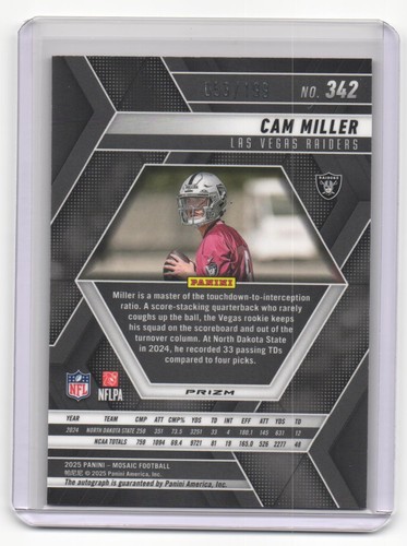 2025 Panini Mosaic Cam Miller Mosaic Red Prizm Rookie Auto /199 Raiders #342 - Picture 2 of 2