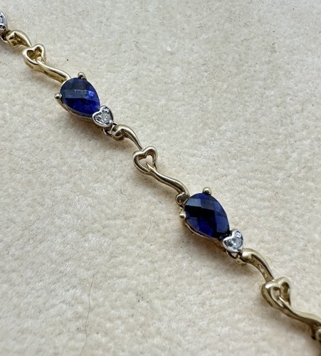 Bellissimo Bracciale Cuore Oro Giallo Massiccio 10K Zaffiro Diamanti 7,25"in 6g Menta!:) - Foto 6 di 14