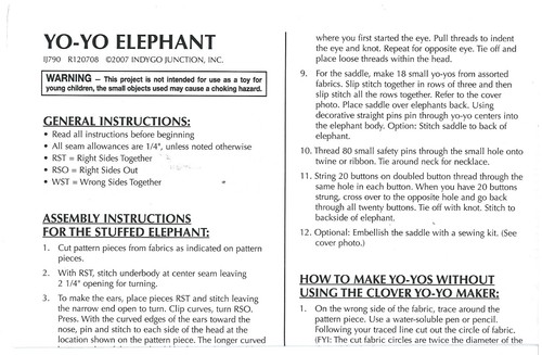 2007 Indygo Junction IJ790 Yo-Yo Elephant sewing pattern uncut - Picture 3 of 3