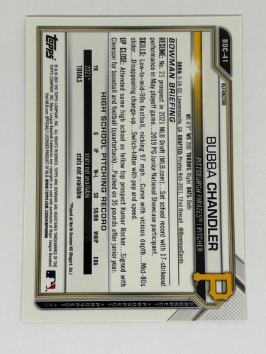 2021 Bowman Draft Bubba Chandler Chrome Refractor 1st #BDC-41 Pirates - Picture 2 of 2