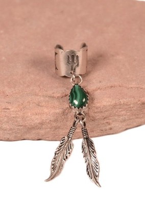 Navajo Malachite Sterling Silver 2 Feathers Ear Cuff Late 20th Century
