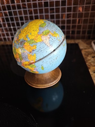 Vintage Tin Litho 5" World Globe Metal Coin Bank Ohio Art Co No Stopper - Picture 4 of 10
