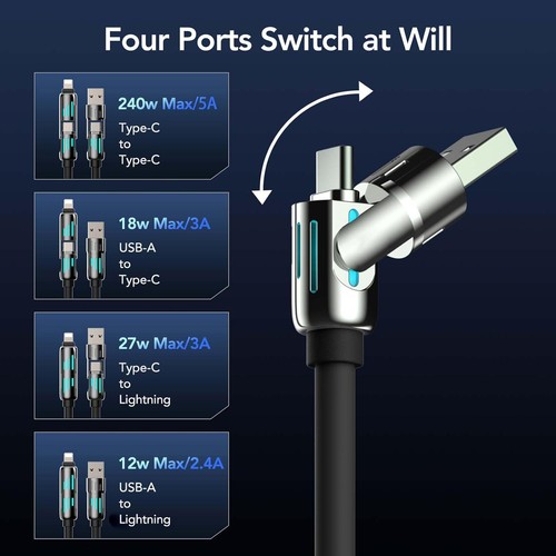 4-in-1 USB Charging Cable 240W Fast Charger Cord for Phones Tablets Laptop 6.6ft - Picture 2 of 11