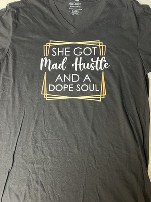 Black V-Neck Short Sleeve Graphic T-Shirt With Unique quote  She Got Mad Hustle 