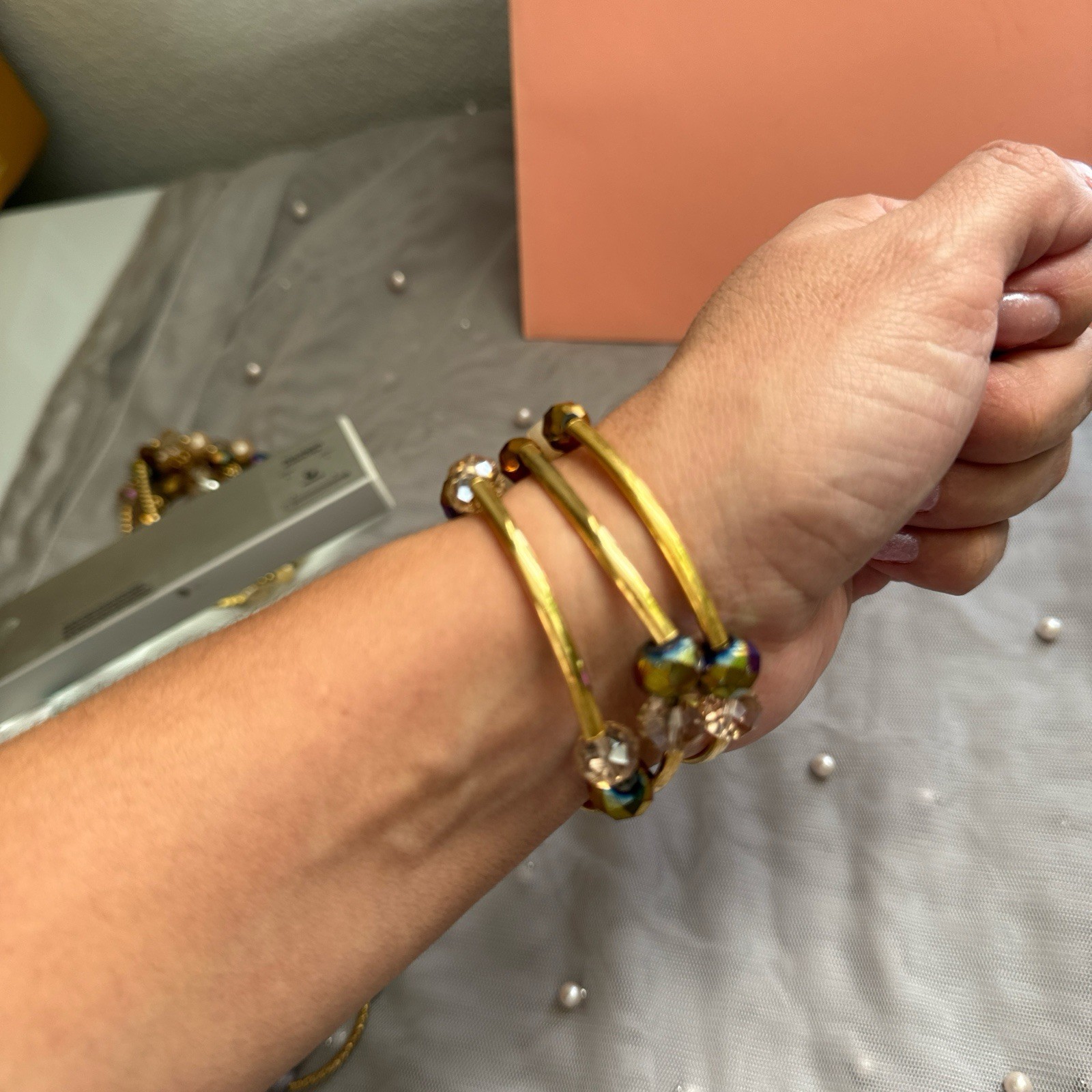 Gold Beaded Bangle Bracelet Stackable Multicolor … - image 2