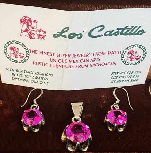 VINTAGE TAXCO Los Castillo Sterling Silver Pink Sapphire Pendant Earring Set - Picture 6 of 8