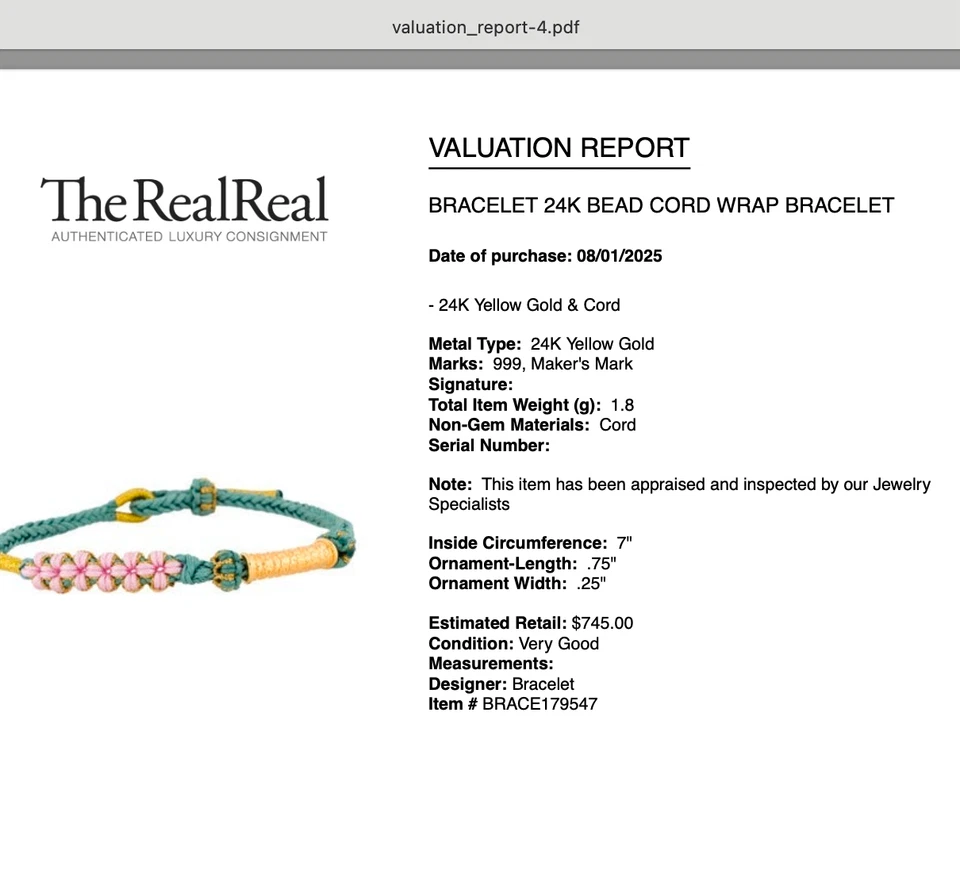 Brazalete envolvente con cordón de oro 999 de 24 quilates Foto 2 de 2