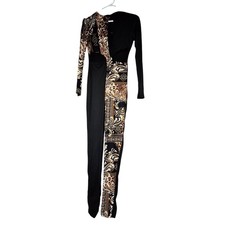 Fashion Nova Black Animal Print Patchwork Jumpsuit Large One Sleeve Bodycon