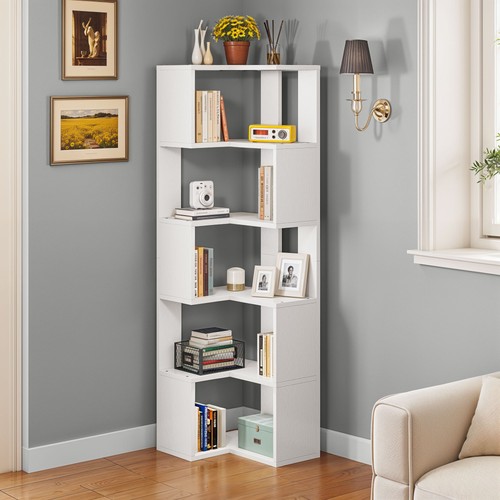 6-Tier Corner Bookshelf - L-Shaped Shelf Unit 62.8"H, White - 23.3"x15.2" - Picture 2 of 9
