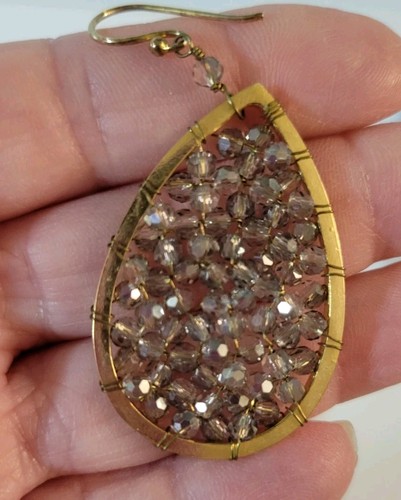 Goldtone Teardrop Beaded Grey Smokey Crystal Drop Earrings  2.5" Dangle - Picture 2 of 4