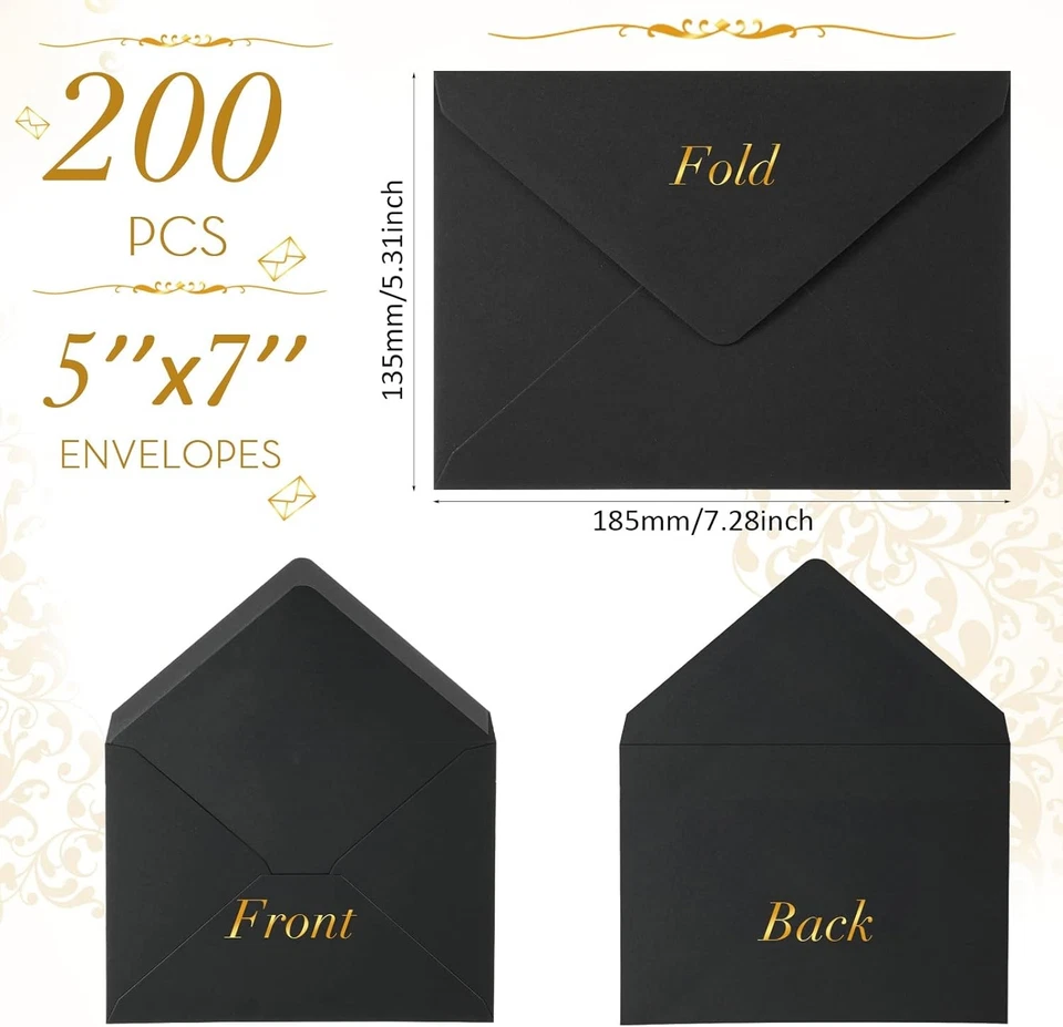 Paquete de 200 sobres negros de 5 x 7 pulgadas para sobres de tarjetas de boda de invitación venta... Foto 2 de 4