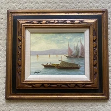 Mid-Century Vintage Original Oil Painting Coastal Art Boat Framed Signed GUIGI