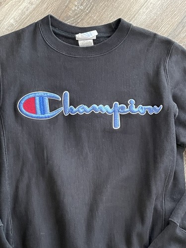Champion Reverse Weave Black Applique Logo Crew Sweatshirt Men's Size XS - Picture 2 of 7
