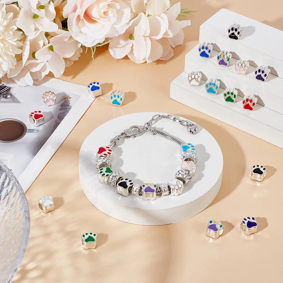 Alrededor de 45 piezas cuentas para patas de perro 9 colores huella animal dijes aleación esmalte europeo Foto 2 de 4