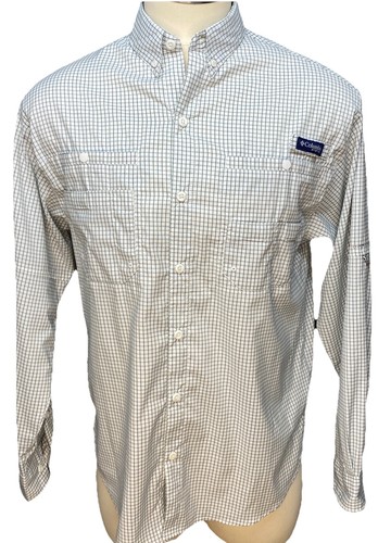 Columbia Super Tamiami PFG Shirt Men's White Check Button Down Fishing Medium - Picture 2 of 9