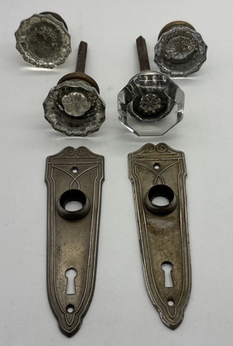 Vintage Starburst Glass Door Knob Brass Bronze Art Deco Back Plate Set (2)