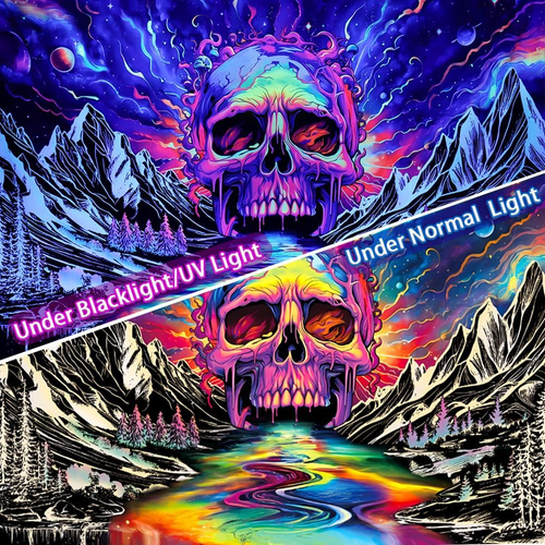 Schwarzlicht Schädel Wandteppich UV Reaktiv Galaxie Berg Planet Wandteppiche Magie Ne - Bild 4 von 12