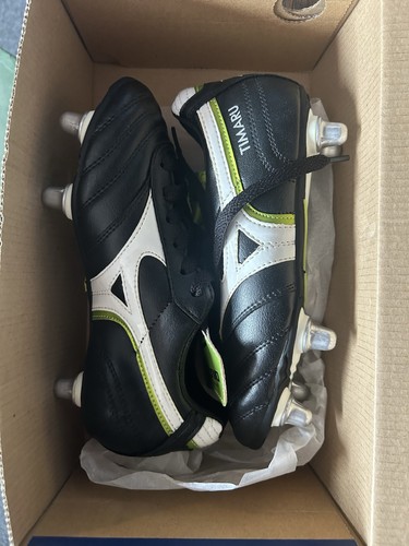 MIZUNO TIMARU JR RUGBY BOOTS, UK SIZE 3, BLACK/ WHITE/ LIME - Picture 4 of 5