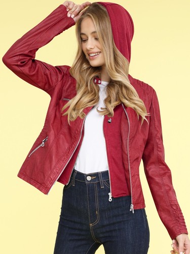 Womens Faux Leather Motorcycle Jacket with Hoodie - Picture 39 of 51