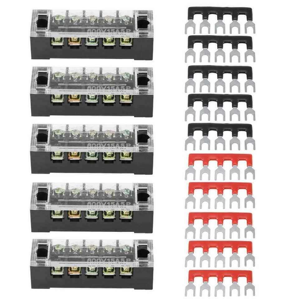 600V 15A 5Pack Dual Row 5 Position Screws Terminal Block Electric Barrier Strip - Image 2 of 4