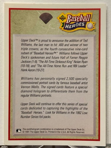 ⚾️ INSERTS ⚾️ 1992 Upper Deck Ted Williams Heroes - Complete Your Set (You Pick) - Picture 17 of 17
