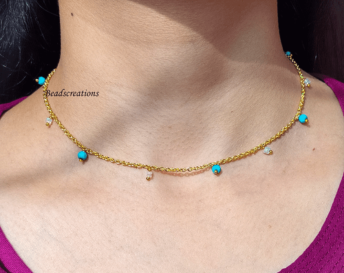 Ethiopian Opal and Turquoise Beads Chain Necklace faceted Beads Gift Her - Picture 1 of 5