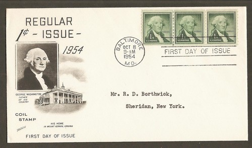 #1054c 1c Washington - Fleetwood FDC Line Strip 3 Coil - Picture 1 of 3