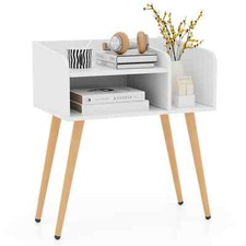 Chic Mid Century Modern Nightstand 2-Tier Bedside Table w/Shelves-White
