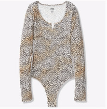 New Victorias Secret PINK Soft Cotton Long Sleeve Leopard Bodysuit Shirt Top XS