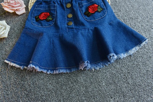2PCS Baby Girls T Shirt Tops+Denim Skirts Kids Embroidery Floral Clothes Set - Picture 8 of 10