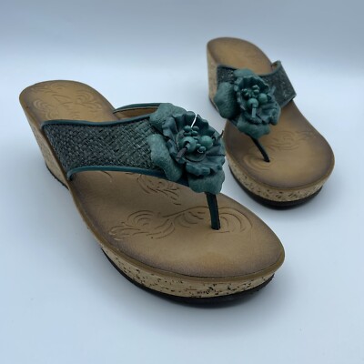 Clarks 65277 Womens Teal Green Raffia Floral Thong Slide Wedge