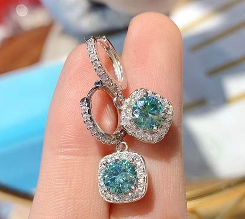 D Color 2CT Blue Green Moissanite Dangle Hoop Earrings 14K White Gold Plated - Picture 2 of 12