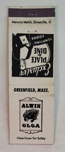 Vintage Matchbook Cover....Alwin Olga Restaurant in Greenfield ...