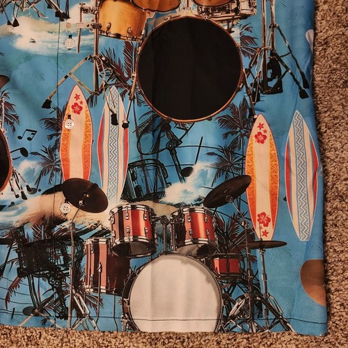 Drums Surfboards Hawaiian Shirt XL Beach Music Themed Button-Up New - Picture 6 of 11