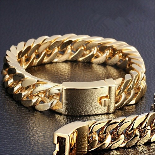 Fashion Gold Plated Mens Jewelry Stainless Steel Curb Cuban Chain Bracelet - Picture 2 of 5