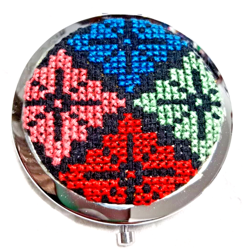 Round Mirror With Silk Embroidery, Handmade, Multi-Colored, Closes Securely . - Picture 3 of 5