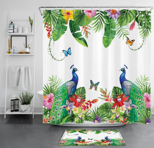 Tropical Leaf Red Floral Butterfly Peacock Shower Curtain Set for Bathroom Decor - Bild 16 von 17