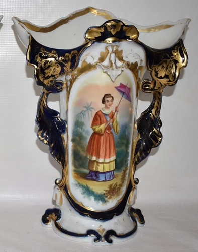 París antiguo-LG. PAR DE JARRONES 14”x 11” PINTADOS A MANO 19C COBALTO Y DORADO FORMA ABANICO-Exc. - Imagen 6 de 12