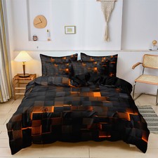 3Pcs Orange Grid Checked Geometric Printed Duvet Cover Pillowcase Bedding Set