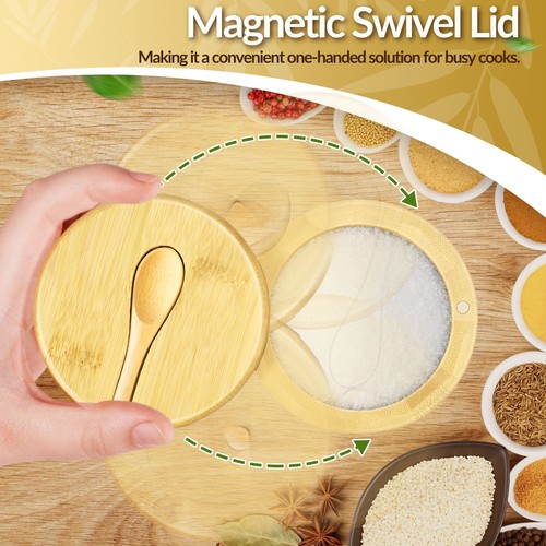 Bamboo Salt Cellar with Lid and Spoon - 2 Pack Salt Containers for Countertop - Bild 3 von 8