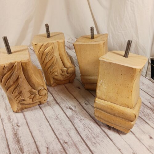VTG Carved Block Wood Finished Blonde 4 Furniture Legs Screw On Floral/Palm 5" - Picture 9 of 9