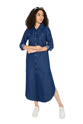 Mujeres Camisa Denim Botón Frontal Manga 3/4 Largo Jean Vestido Cuello Con Bolsillos - Imagen 5 de 8