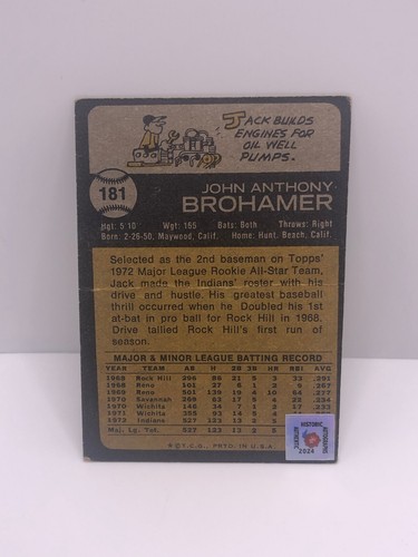 Jack Brohamer 2024 Historic Autographs 1973 Topps RC Gold Cup Signed Auto #181 - Afbeelding 2 van 2