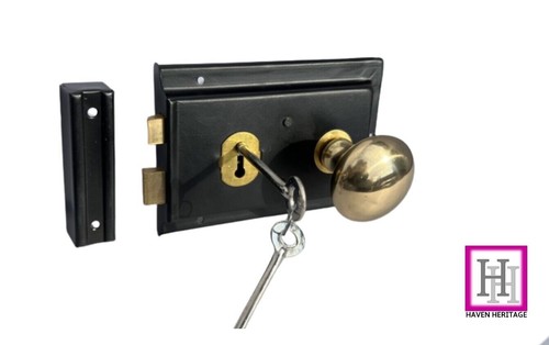 Rim Lock Set 6"x 4" Deadbolt -/+ Brass, Chrome, Black, Cast Iron Knobs / Handle - Picture 17 of 19