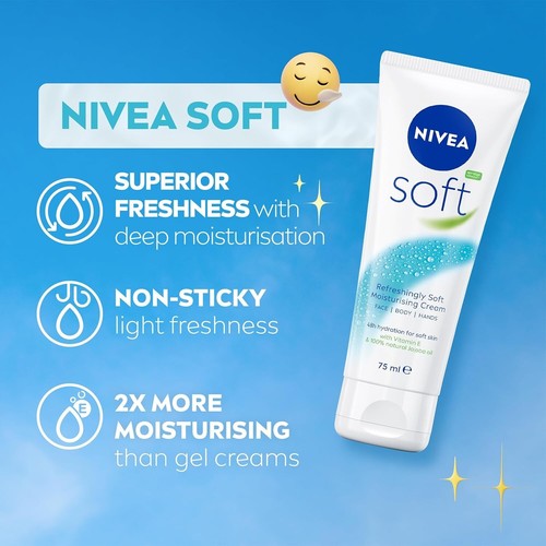 NIVEA Soft Moisturising Cream for Face, Body and Hands with Vitamin E 75 ml UK - Picture 2 of 6