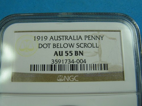 Australia 1 Penny Bronze Coin 1919 Dot Below Scroll, NGC AU55 BN, Combined S/H - Picture 5 of 6