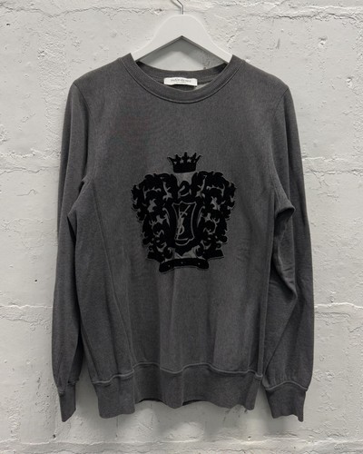 YVES SAINT LAURENT RIVE GAUCHE Gray Black Velvet Crest YSL Logo Sweatshirt